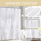 Ruffled Shower Curtain Farmhouse 72x72 - Handmade 3D Flower Vintage Ruched Fabric Bathroom Curtain, Victorian Romantic Luxury Decor, Black Pink Camel, Waterproof Microfiber 12 Holes