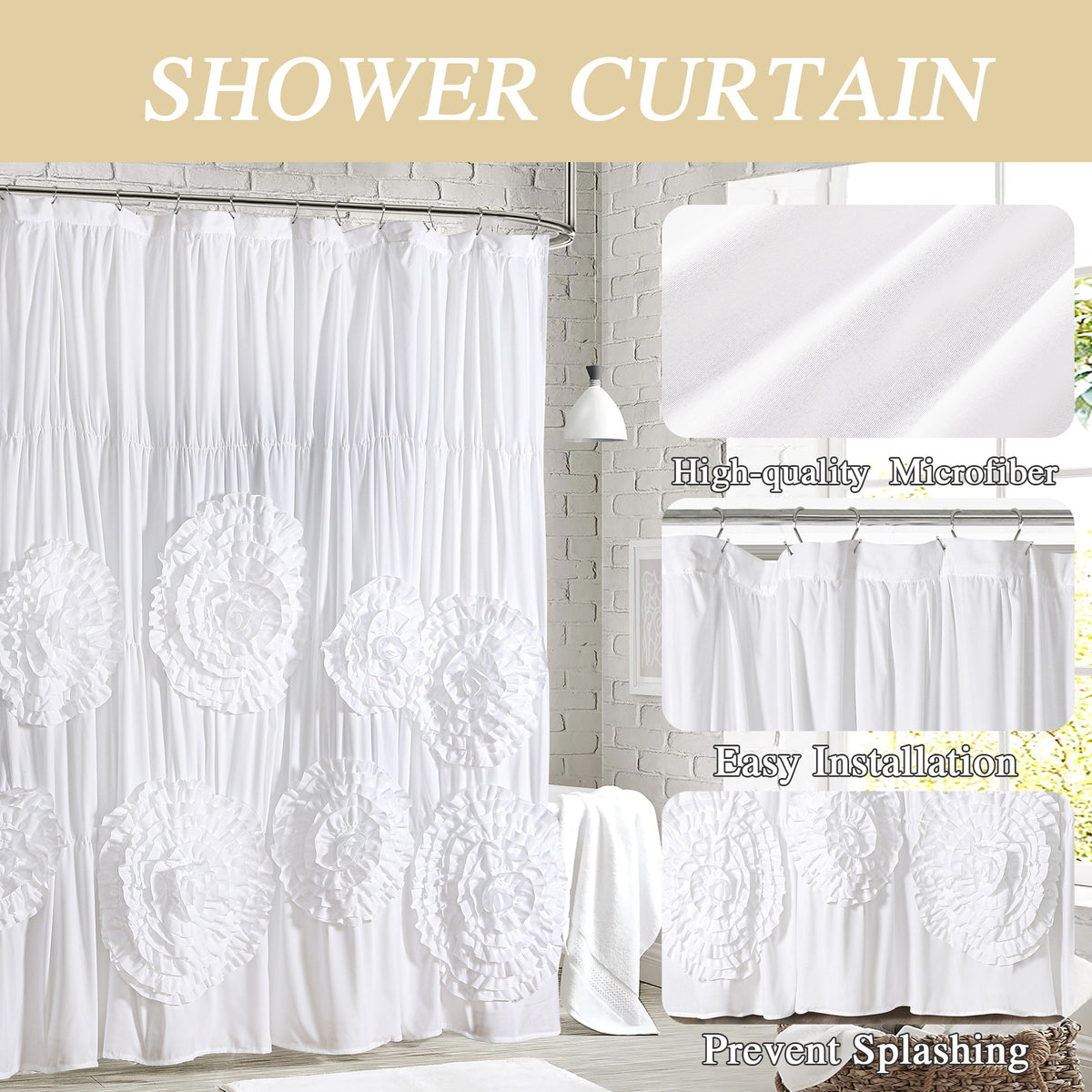 Ruffled Shower Curtain Farmhouse 72x72 - Handmade 3D Flower Vintage Ruched Fabric Bathroom Curtain, Victorian Romantic Luxury Decor, Black Pink Camel, Waterproof Microfiber 12 Holes