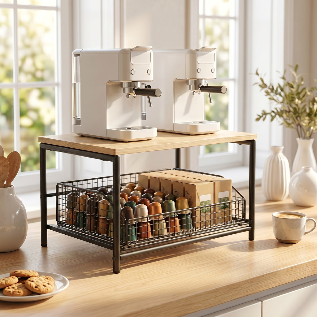 Kitchen Countertop Organizer with Drawer Wire Basket – Detachable Hardwood Metal Shelf for Coffee Maker Microwave Spices Utensils – White Black