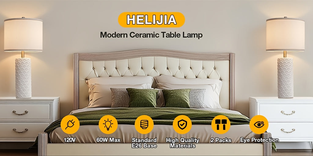 27" Modern Ceramic Table Lamp Set of 2 – Farmhouse Bedside Lamps with 3 Color Temperatures for Bedroom, Living Room & Office (LED Bulb Included)