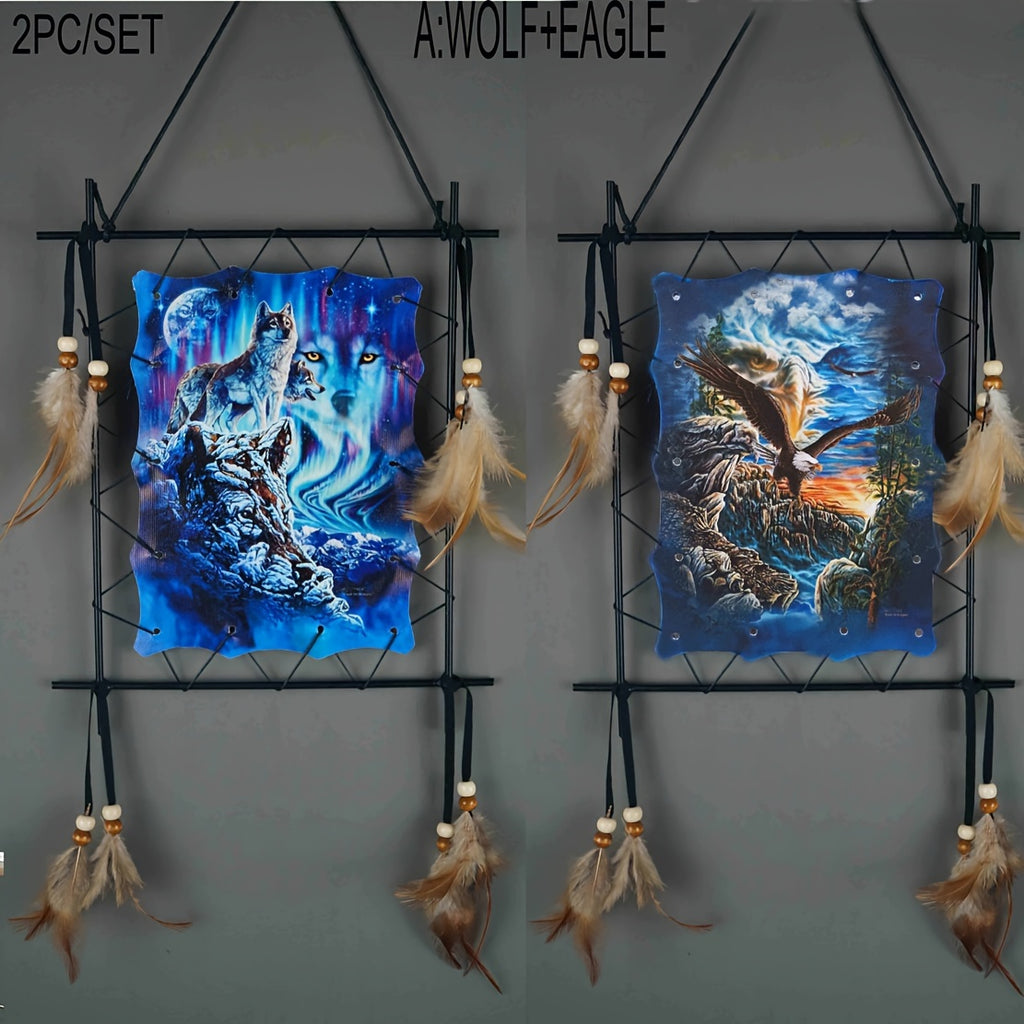 Wolf & Eagle Canvas Wall Art Set 2pc – Dream Catcher Style Framed Canvas Prints with Feather Accents for Living Room TV Wall Entryway Boho Decor