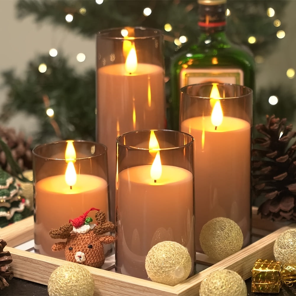 Flameless LED Pillar Candles Set of 5 with Remote Control & Timer, Battery Operated Flickering Candles, 3-Inch Diameter Organic Glass, 4" 5" 6" 8" Sizes - Ivory, Gray & Amber for Home & Halloween Decor