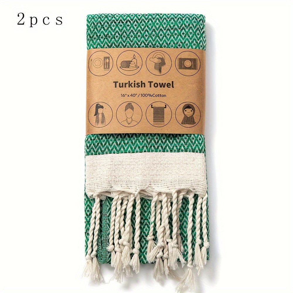 Turkish Cotton Tassel Hand Towels 2-Pack – Diamond Lattice Scandinavian Design, Soft Decorative Towels for Bathroom, Kitchen & Yoga | 7 Colors