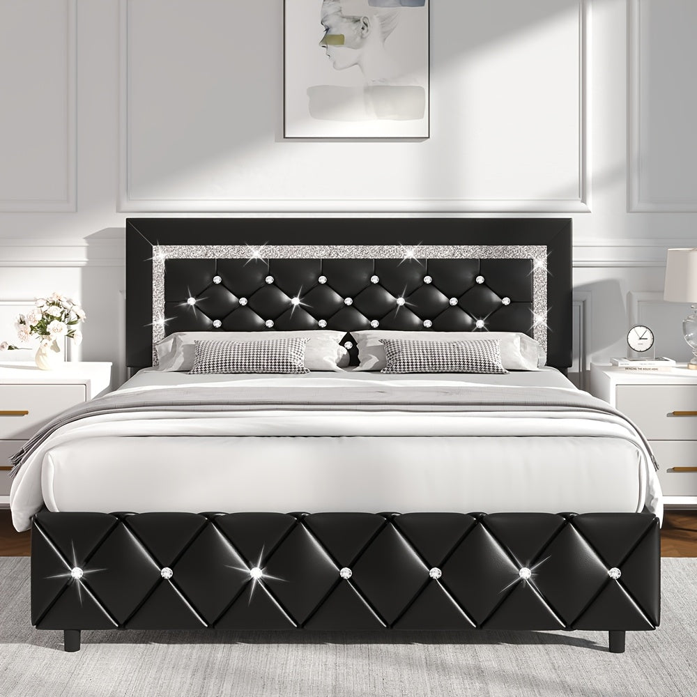 Upholstered Bed Frame with Diamond Tufted Headboard & Footboard – Faux Leather, Wooden Slats, No Box Spring Needed | Twin Full Queen King