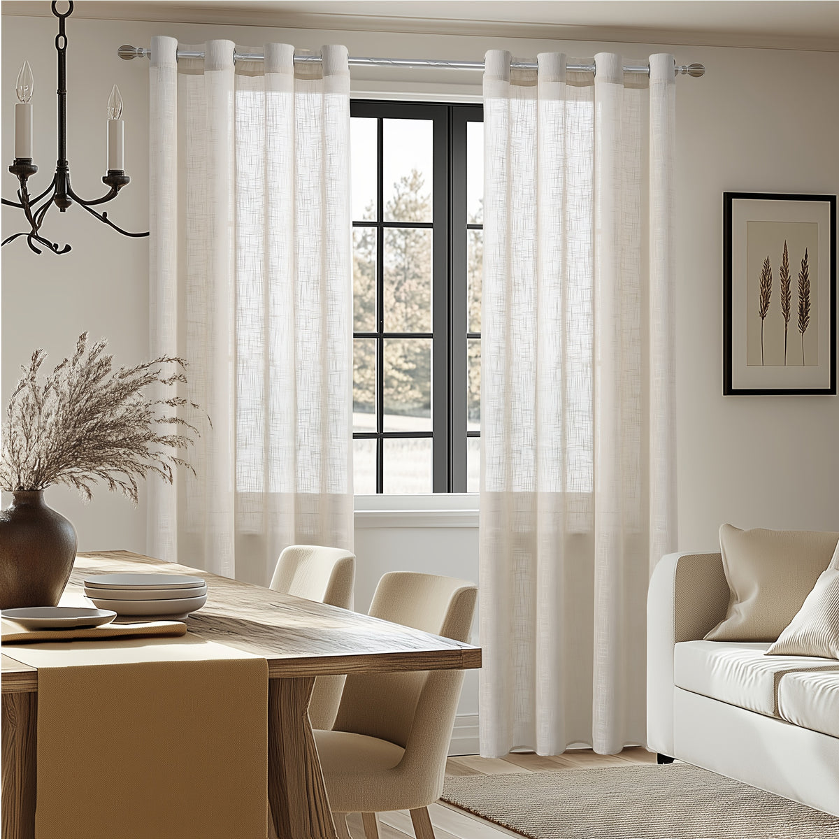 Linen Textured Semi-Sheer Grommet Curtains – Light Filtering Farmhouse Panels | Set of 2