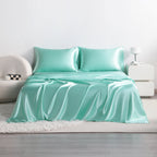 Cooling Satin Bed Sheet Set 4-Piece – Hypoallergenic Breathable Deep Pocket Flat & Fitted Sheet with Pillowcases, 300 GSM, 15 Colors, Twin to Cal King