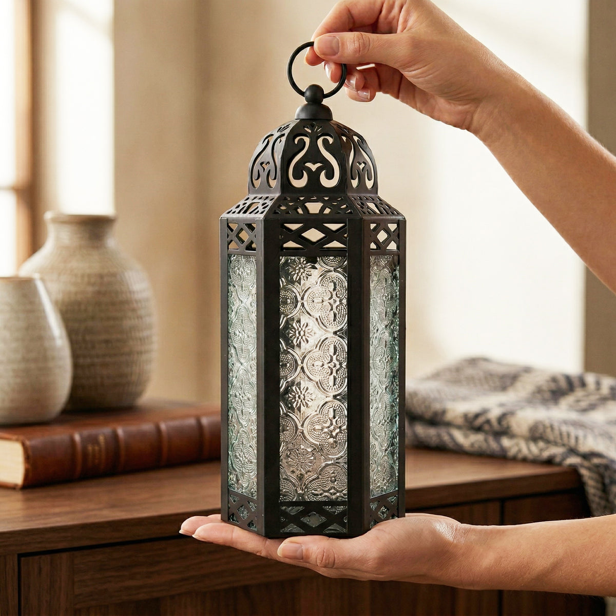Moroccan Candle Lantern Holder Medium 10.5 Inch – Handcrafted Glass Iron Metal Lantern with Embossed Floral Panels, 17 Colors, Indoor Outdoor Use for Ramadan, Wedding, Patio, Diwali & Home Decor