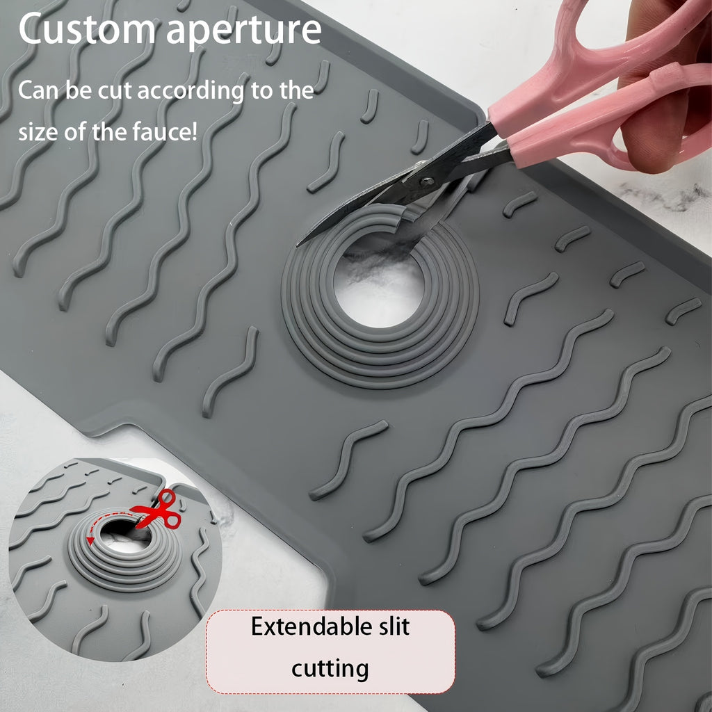 Silicone Sink Drying Mat & Faucet Splash Pad with Sponge Holder – Wave Pattern, 5° Drainage Slope, Heat-Resistant, 3 Sizes & 3 Colors for Kitchen & Bathroom Counter