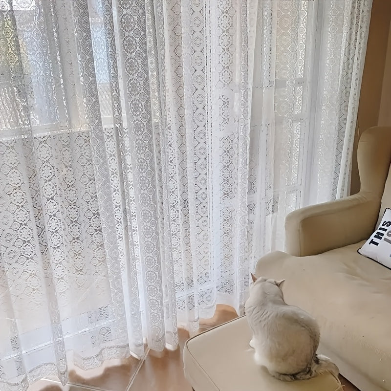 French Retro Lace Embroidered Chiffon Curtain – Romantic White Mesh Sheer Panel, Pole Pocket Top for Living Room Bedroom Partition, 4 Sizes
