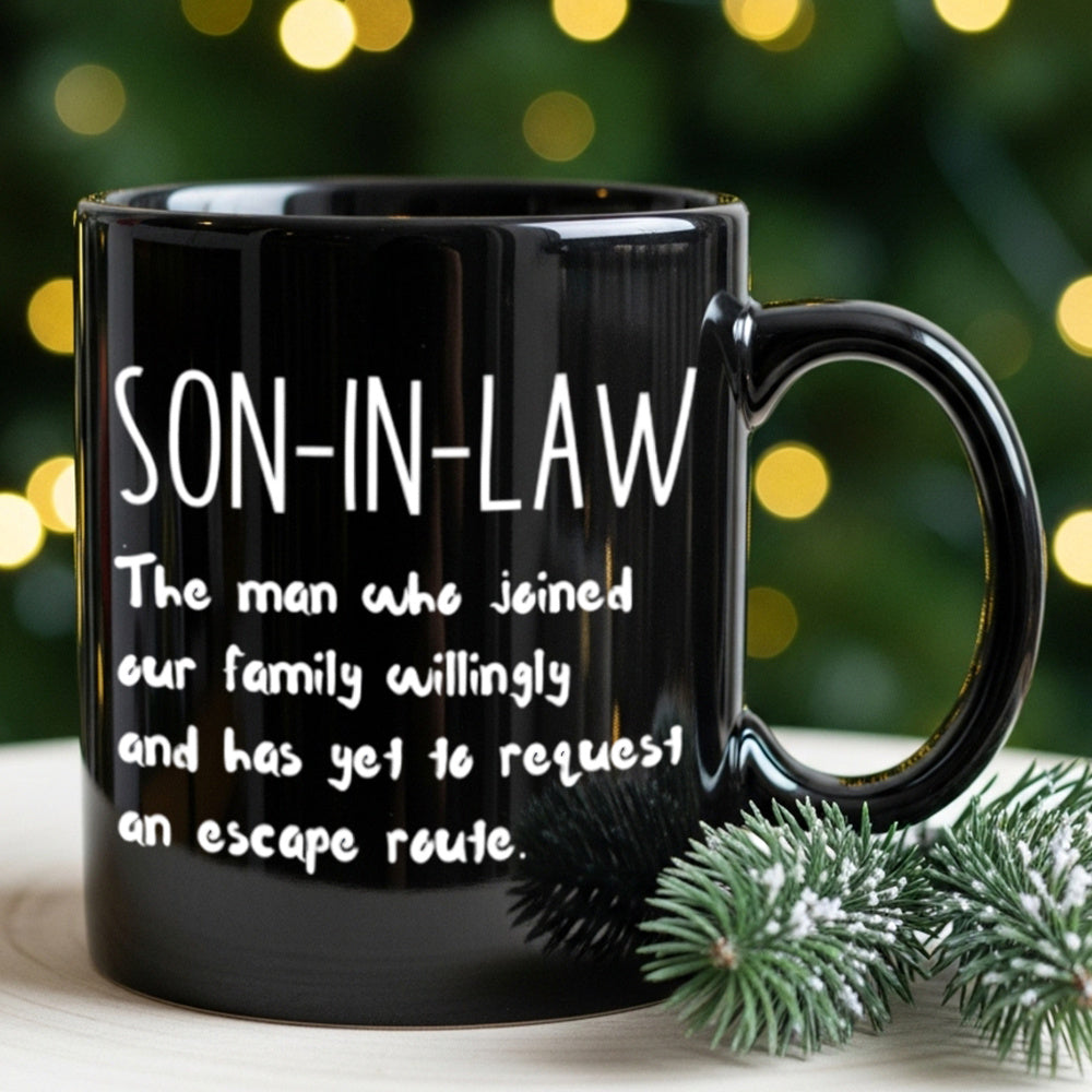 Son in Law Coffee Mug Gift 11oz - Heartwarming Quote Mug for Son in Law from Parents, Birthday Christmas Family Gift, Black Ceramic Tea Cup Daily Use Drinkware