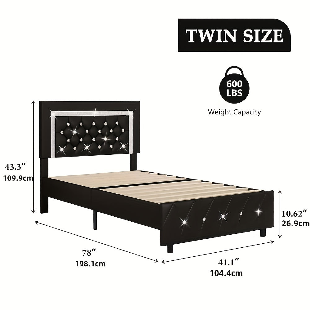 Upholstered Bed Frame with Diamond Tufted Headboard & Footboard – Faux Leather, Wooden Slats, No Box Spring Needed | Twin Full Queen King