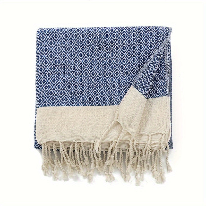 Cotton Tassel Blanket Boho Diamond Grid 100% Cotton 350GSM Breathable Soft All Season Machine Washable Throw for Bed Sofa Picnic Travel Black Navy Blue Light Blue Gray Red Orange Brown 49x71 Inch