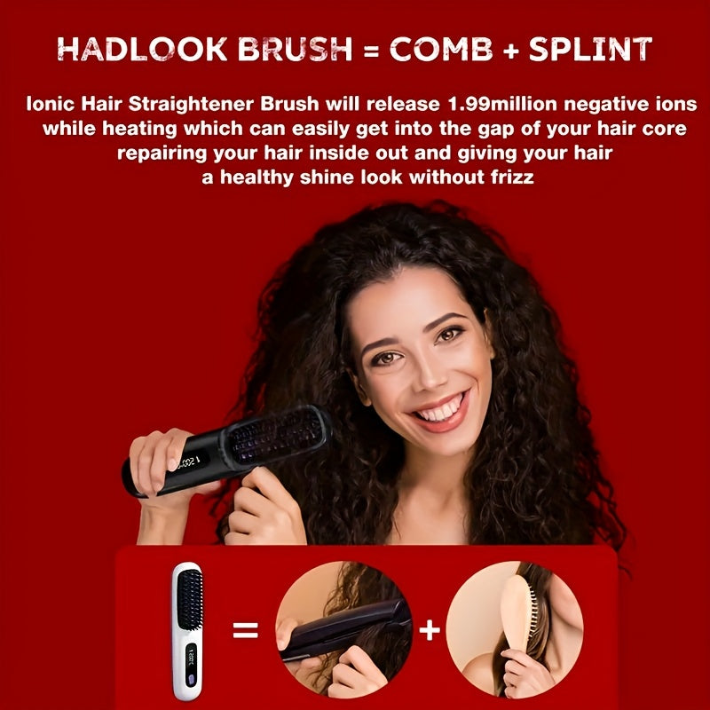 Portable Wireless Hair Straightener Comb USB Rechargeable 3-Speed Temperature Control Negative Ion LED Display Travel Hair Straightener Brush with Comb and Clip
