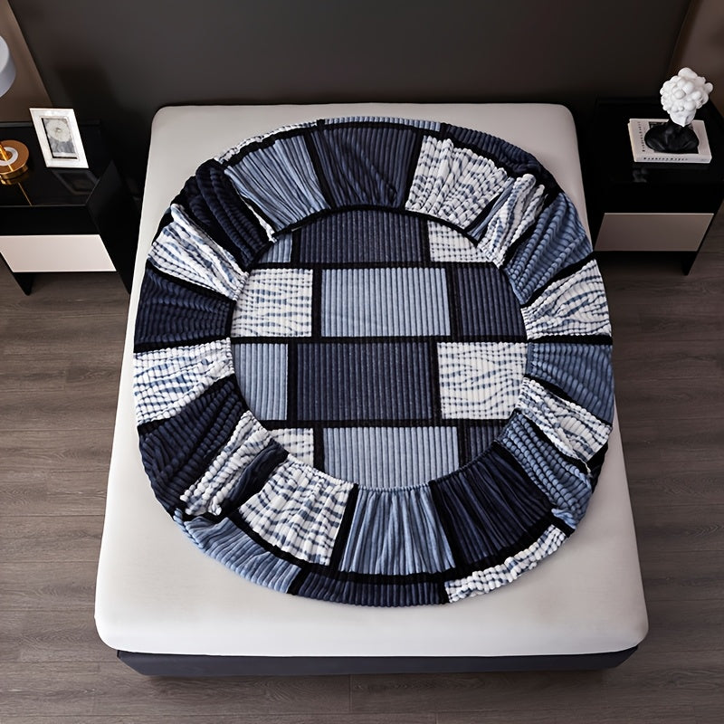 Velvet Fitted Sheet Geometric Checkered Flannel Microfiber Soft Skin-Friendly Machine Washable All-Season Twin Full Queen King Smoke Brown Rock Ash