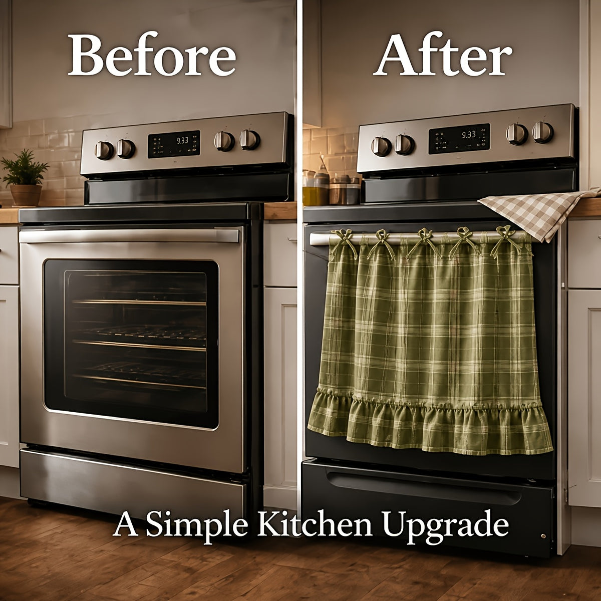 Farmhouse Oven Skirt Curtain – Handmade Checkered Ruffled Drawstring Decorative Panels for Oven, Stove & Cabinet Covers | Rustic Kitchen Appliance Decor | Nuvia Haven