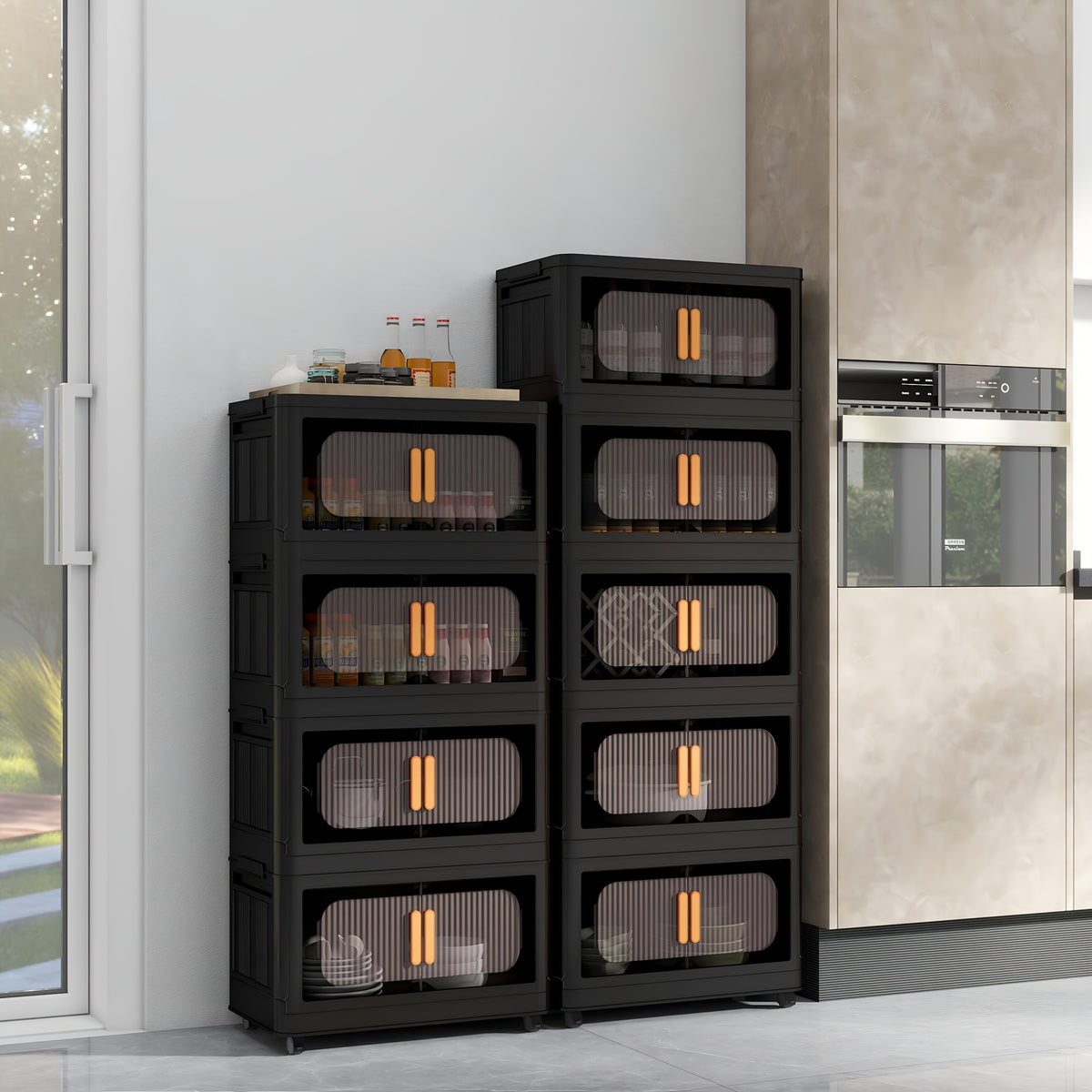 Collapsible Storage Locker with Locking Wheels – 4/5 Tier Double Door Plastic Bin Organizer, Stackable Space-Saving Storage Cabinet for Closet, Dorm, Office, Garage, Bedroom & Gym