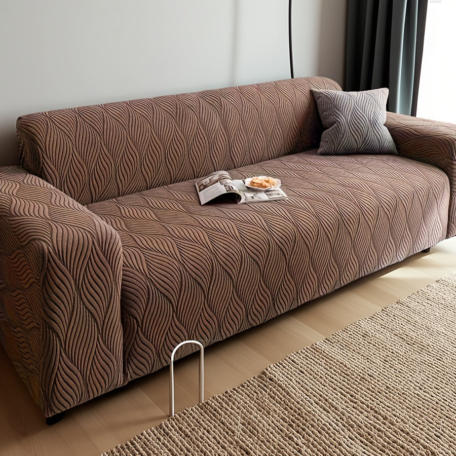 Jacquard Elastic Sofa Cover – Modern Artistic Slip-Resistant Couch Slipcover | All-Season Polar Fleece Furniture Protector for Living Room, Office & Bedroom | Includes Free Pillow Cover | 1-4 Seater