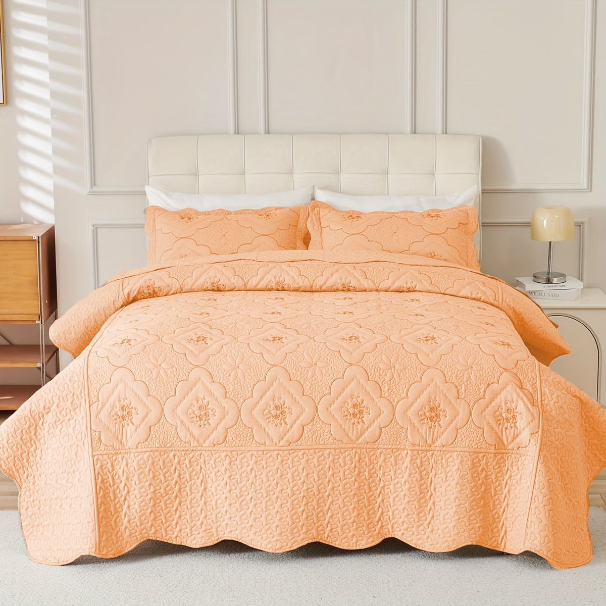 Quilted Embroidered Bedspread Set 3 Pcs – Floral Embroidery, 100% Polyester, Wrinkle-Resistant Lightweight Coverlet for Queen & King Bedroom Decor, 16 Colors