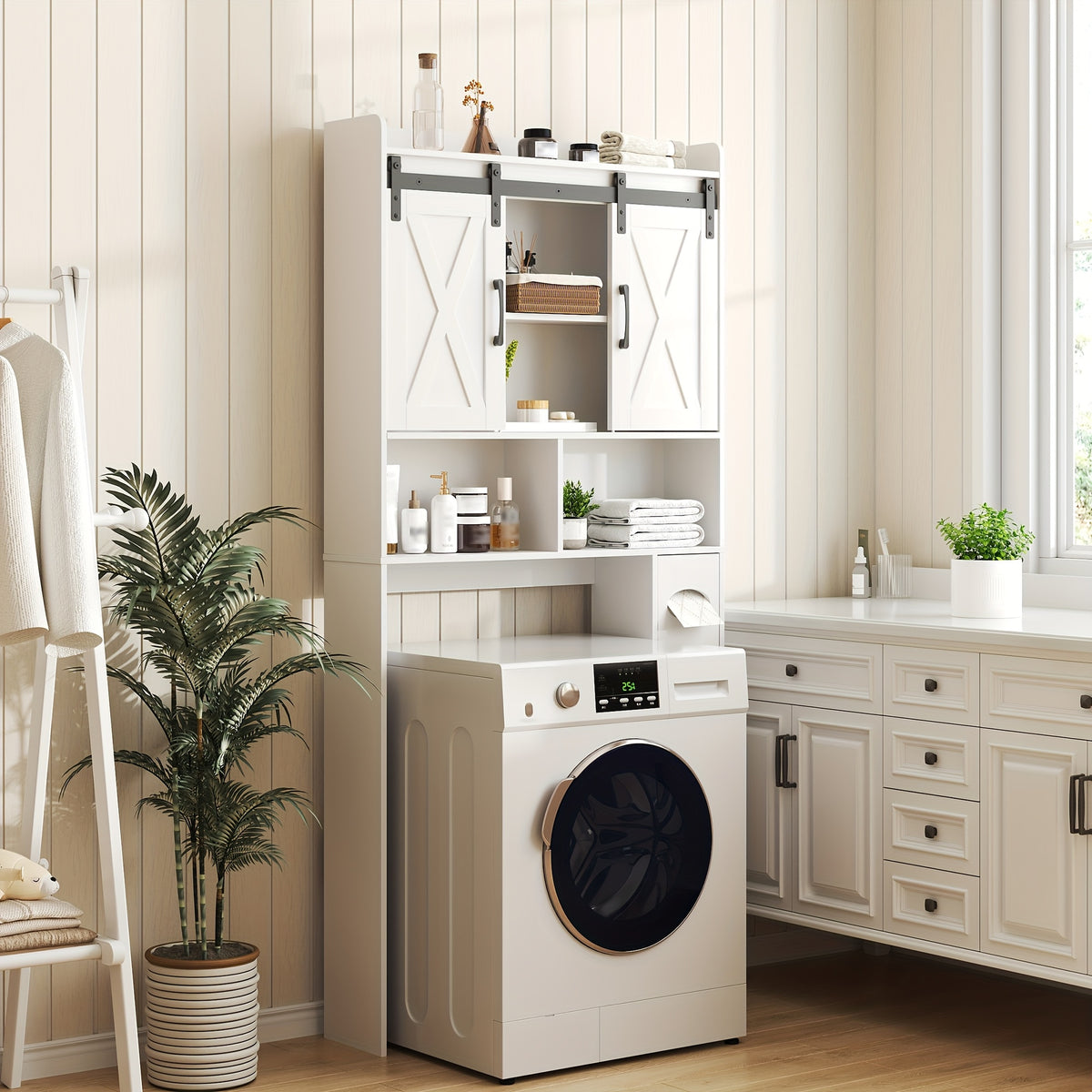 Farmhouse Over Toilet Cabinet with Sliding Doors Engineered Wood Adjustable Shelf Toilet Paper Holder Stand Space Saving Bathroom Storage No Wall Mount Multiple Colors