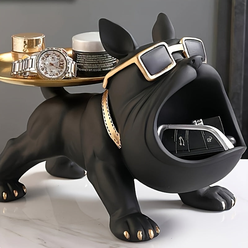 Decorative Resin Bulldog Tray Statue Modern Dog Figurine Key Tray Entryway Organizer Candy Jewelry Earring Tray Holder Home Office Dining Table Decor Desk Accent Christmas New Year Gift Dog Lover