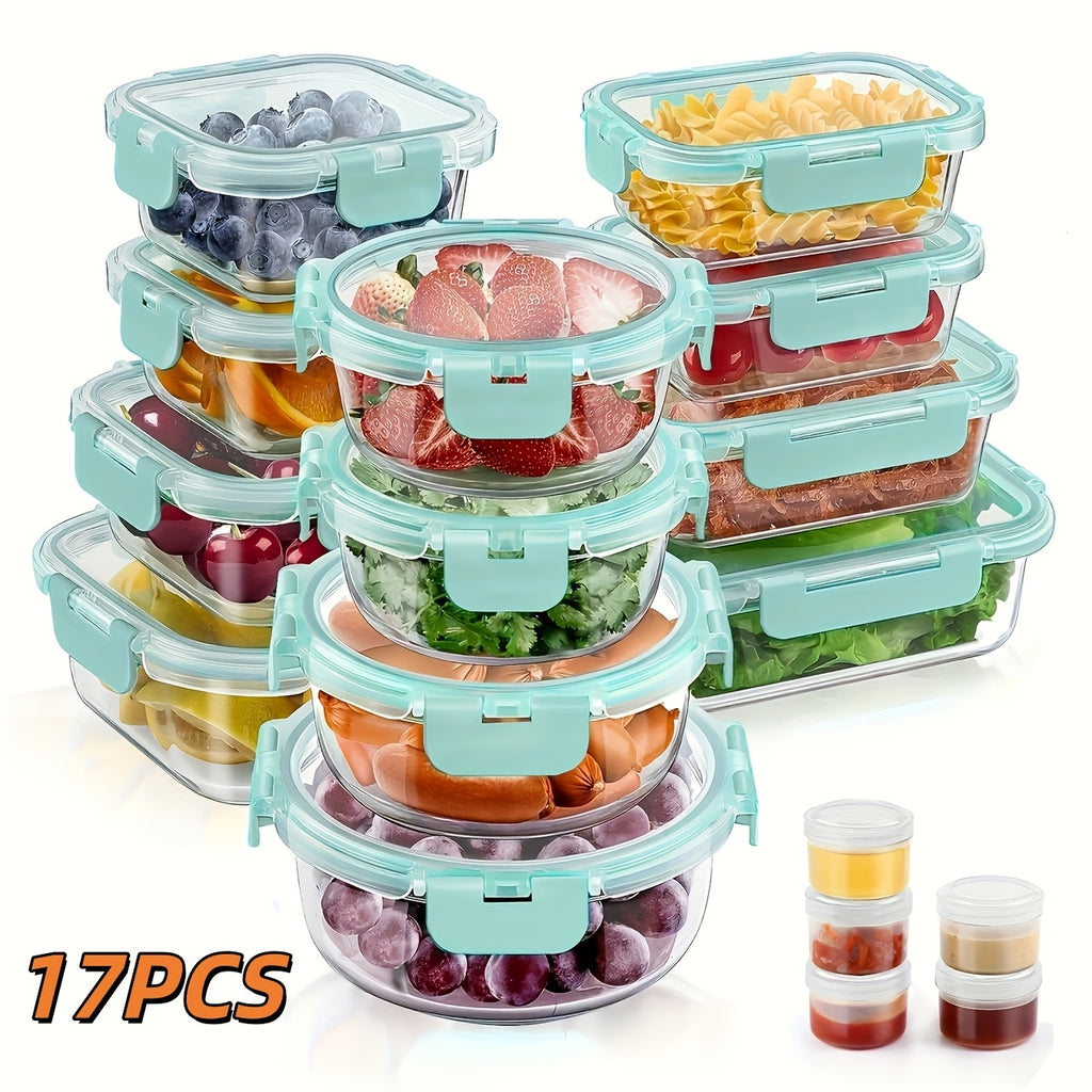 Borosilicate Glass Food Storage Containers Set with Lids – 10/17 Piece Airtight Meal Prep Bento Boxes, BPA Free, Microwave & Dishwasher Safe, Mixed Colors