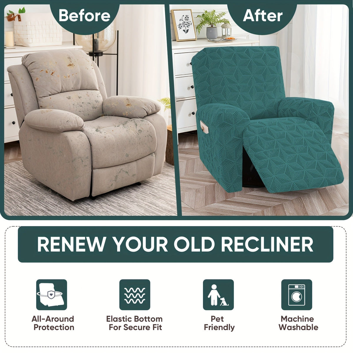 Stretch Spandex Armchair Slipcover with 2 Side Pockets & 2 Armrest Covers, 84% Polyester Jacquard Sofa Cover, Washable Pet Proof Furniture Protector for Living Room & Office, Peacock Blue Green Gray Khaki Coffee