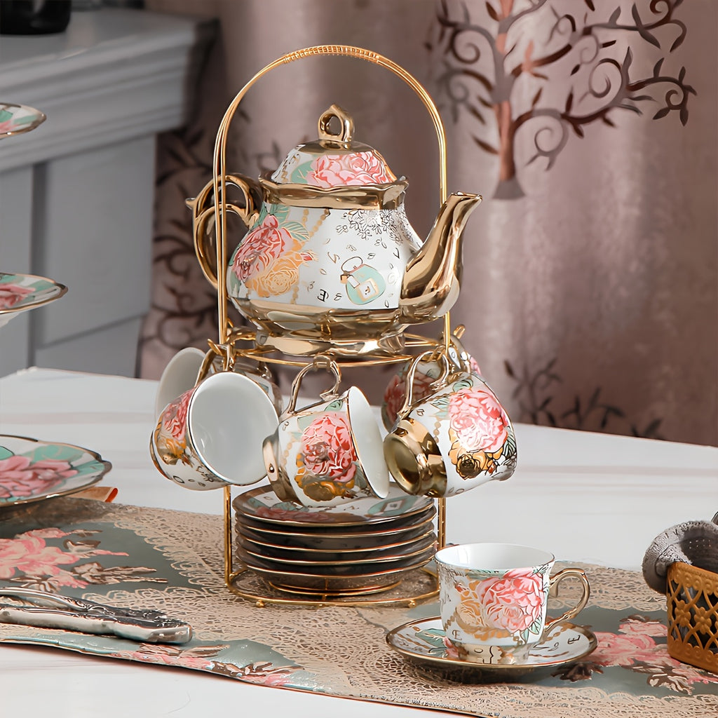 20-Piece Floral Porcelain Tea Set with Metal Holder & Teapot - European Ceramic Espresso Cup and Saucer Set, 3.3oz Cups 15oz Teapot, Afternoon Tea Gift for Golden Pink Purple Flower