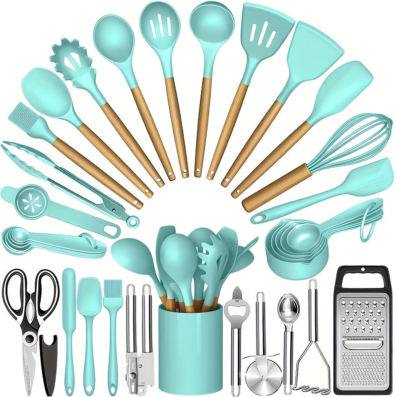 35/36-Piece Silicone Kitchen Utensils Set with Rack & Wooden Handles – Heat Resistant Cooking Tools for Non-Stick Pans | Complete Kitchen Utensil Set