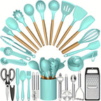 35/36-Piece Silicone Kitchen Utensils Set with Rack & Wooden Handles – Heat Resistant Cooking Tools for Non-Stick Pans | Complete Kitchen Utensil Set