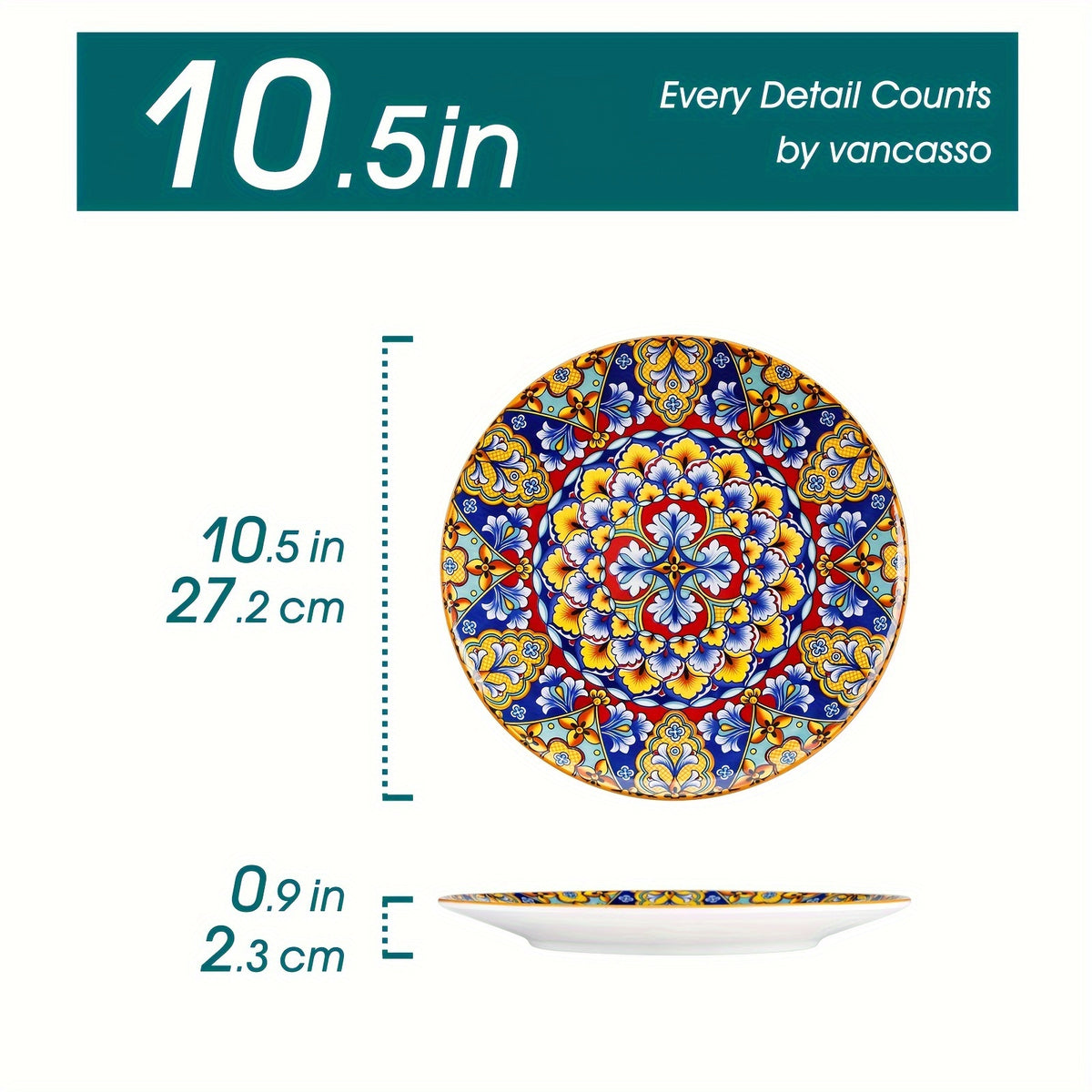 Bohemian Stoneware Dinner Plate Set of 6 – 10.5 Inch Colorful Hand-Painted Ceramic Plates | Microwave & Dishwasher Safe | Home, Restaurant & Wall Decor
