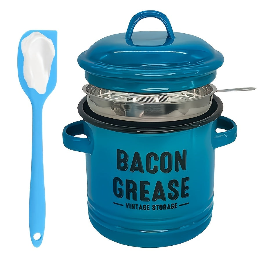 Enamel Bacon Grease Container with Stainless Steel Filter & Spoon - Rustic Kitchen Fat Storage Jar, Dishwasher Safe, Ideal for Halloween Thanksgiving Christmas, Red Blue White