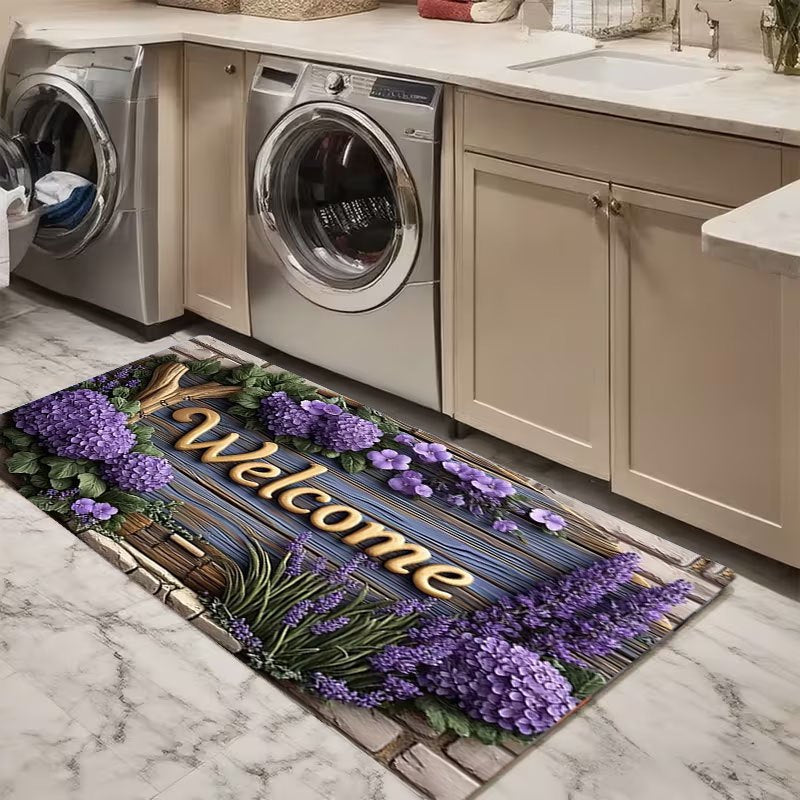 Floral Doormat Indoor Non-Slip Hydrangea Lavender Print Flannel Welcome Mat Easy Clean for Entrance Bedroom Living Room Holiday Decor 3 Sizes
