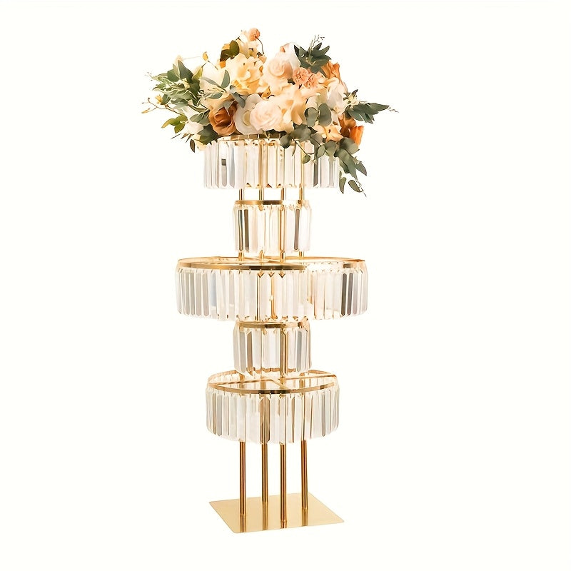 Wedding Centerpiece Flower Stand Gold Metal 5 Tier Round Chandelier Pedestal with Hanging Crystals for Wedding Table Decor T Stage Aisle Road Lead Flower Arrangement Christmas Halloween Event Decoration