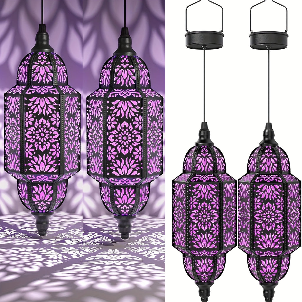 Solar Moroccan Lanterns Outdoor Set of 2 – Multicolor IP54 Waterproof Hanging Lights with Cut-Out Design for Garden, Patio, Pathway & Halloween Decor, Auto Dusk-to-Dawn Sensing