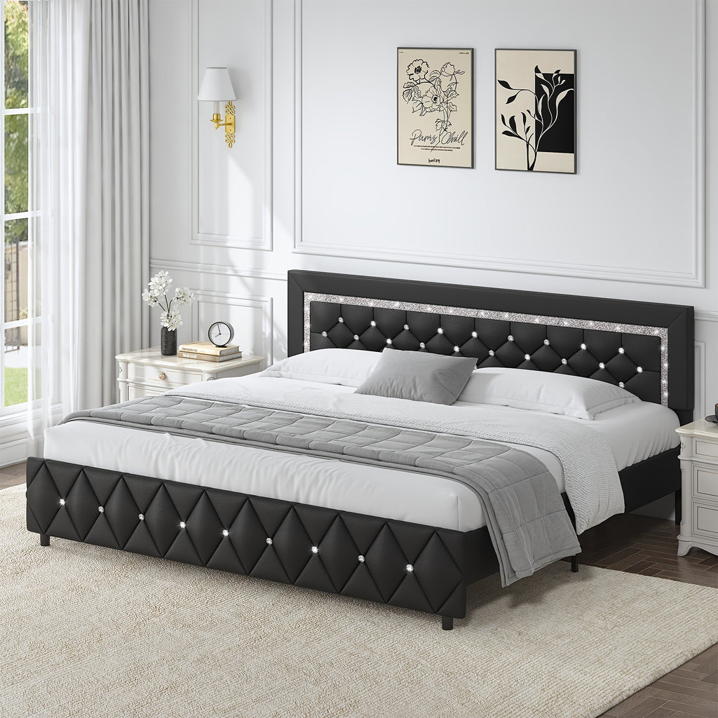 Upholstered Bed Frame with Diamond Tufted Headboard & Footboard – Faux Leather, Wooden Slats, No Box Spring Needed | Twin Full Queen King