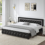 Upholstered Bed Frame with Diamond Tufted Headboard & Footboard – Faux Leather, Wooden Slats, No Box Spring Needed | Twin Full Queen King