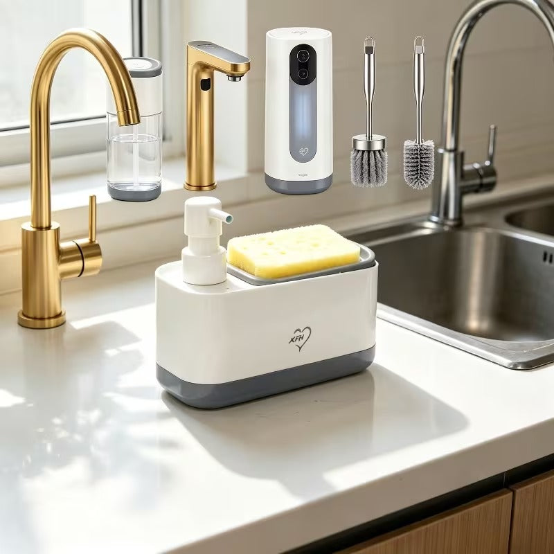 Kitchen Soap Dispenser with 2 Sponges & Dish Brush Holder | BPA-Free Refillable Transparent Pump Dispenser for Sink | Compact Square Design | Black or White