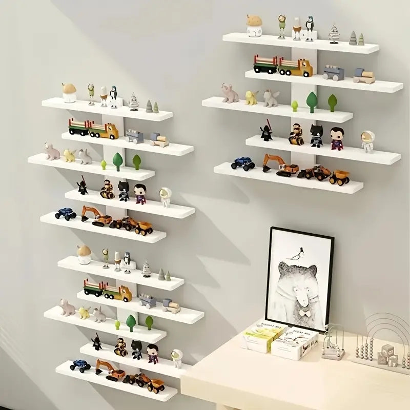 5-Tier Floating Wall Shelves Adjustable Display Rack – Modern Fiberboard Collectible Shelf for Action Figures, Building Blocks, Dolls & Statues, Decorative Storage Unit for Home & Office