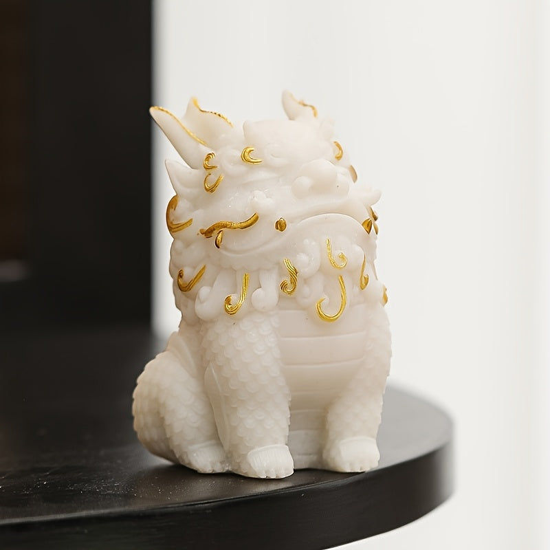 Pixiu Statue Wealth & Blessings Stone Figurine with Golden Floral Designs – Feng Shui Mythical Creature Decorative Sculpture for Living Room, Cabinet, Office & Home Display Gift