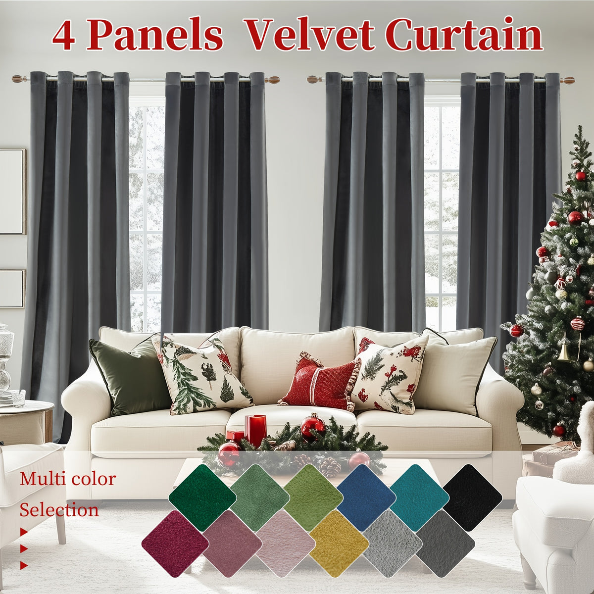 Blackout Velvet Curtains 4 Panels - Thermal Insulated Grommet Drapes, Noise Reducing Soft Window Curtains for Living Room Bedroom, Multiple Sizes & Colors