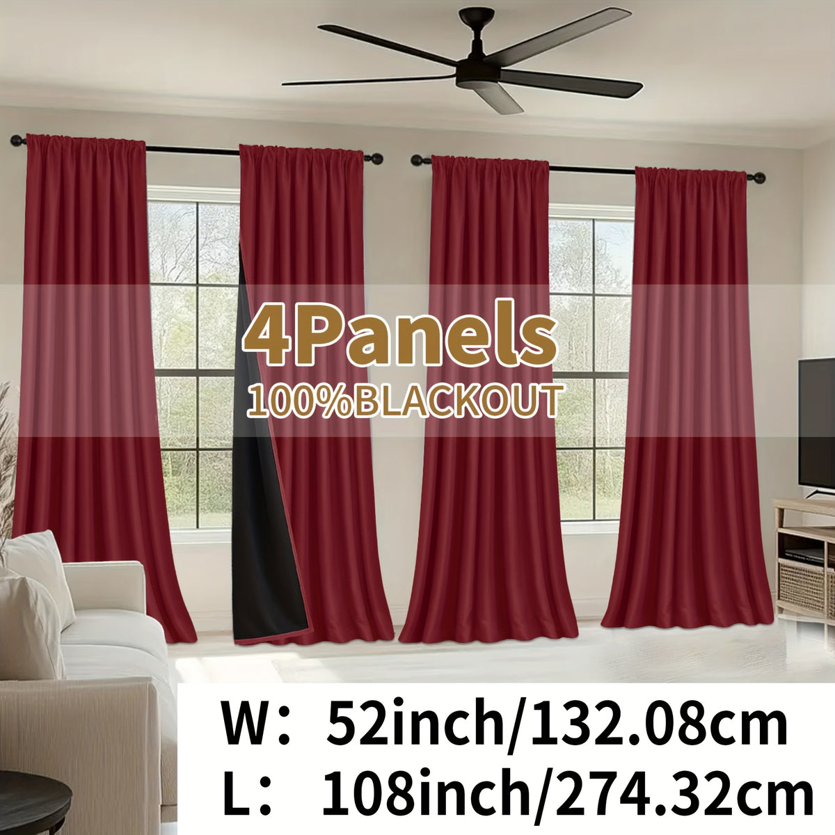Blackout Curtains Rod Pocket 4 Panels - Thermal Insulated Room Darkening Noise Reducing Matte Drapes for Bedroom Living Room Office, 9 Colors 11 Sizes
