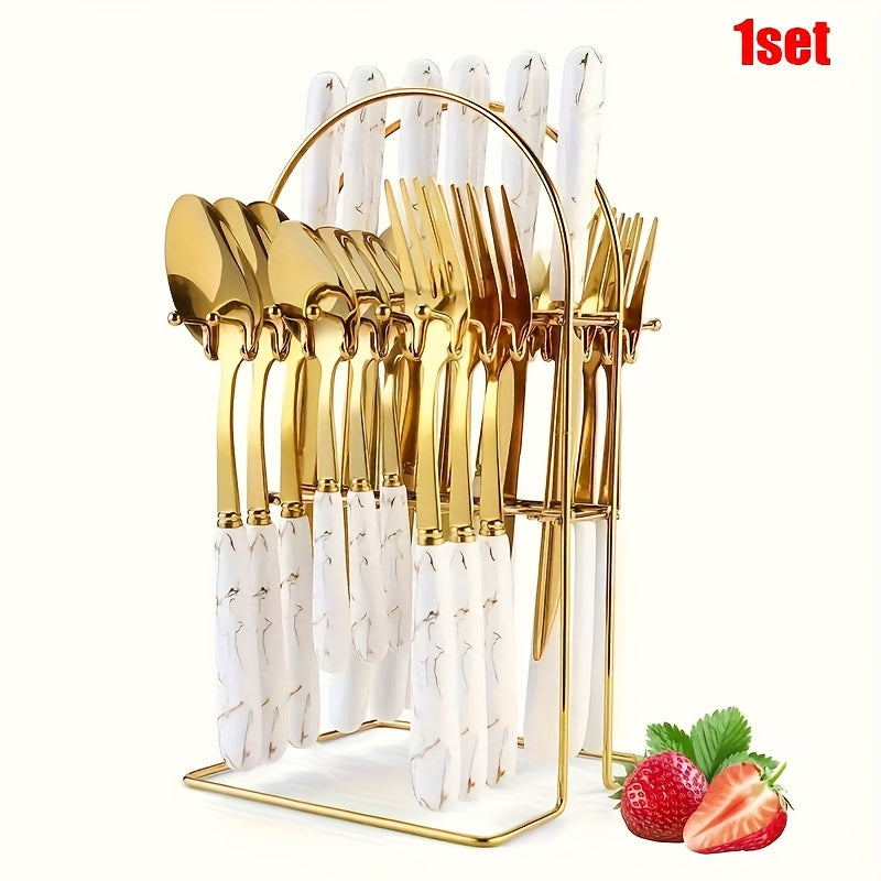 Marble Pattern Cutlery Set 24 Piece Polished Flatware Dinner Forks Soup Spoons Teaspoons for Home Restaurant Hotel Outdoor Dining Black Pink White Green