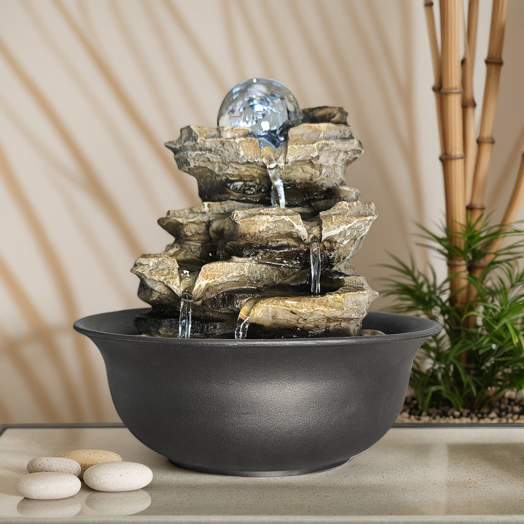 Rock Tabletop Zen Fountain with LED Lights & Rotating Crystal Ball – 8.3" Desktop Waterfall Fountain with Humidifier for Living Room, Office & Bedroom, Plug-In Soothing Water Feature