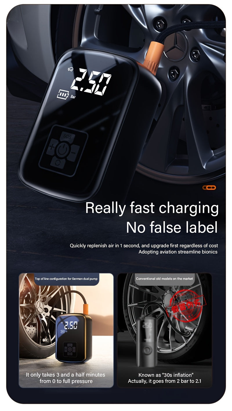 Portable Tire Inflator Cordless Air Compressor – 100W Digital Display, 4000mAh USB-C Fast Charge, 5 Modes, Multi-Nozzle, for Car Motorcycle Bicycle Tires & Sports Balls, 6 Colors