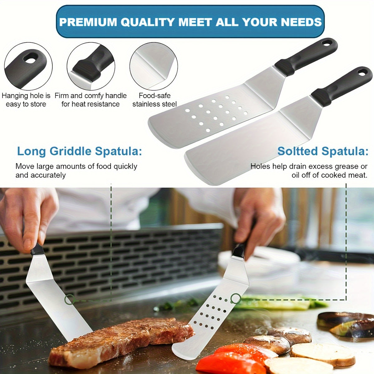 BBQ Grill Tool Set with Cast Iron Meat Press & Meat Thermometer - Complete Outdoor Barbecue Accessories Kit for Teppanyaki Grilling, Backyard Parties & Father's Day Gift
