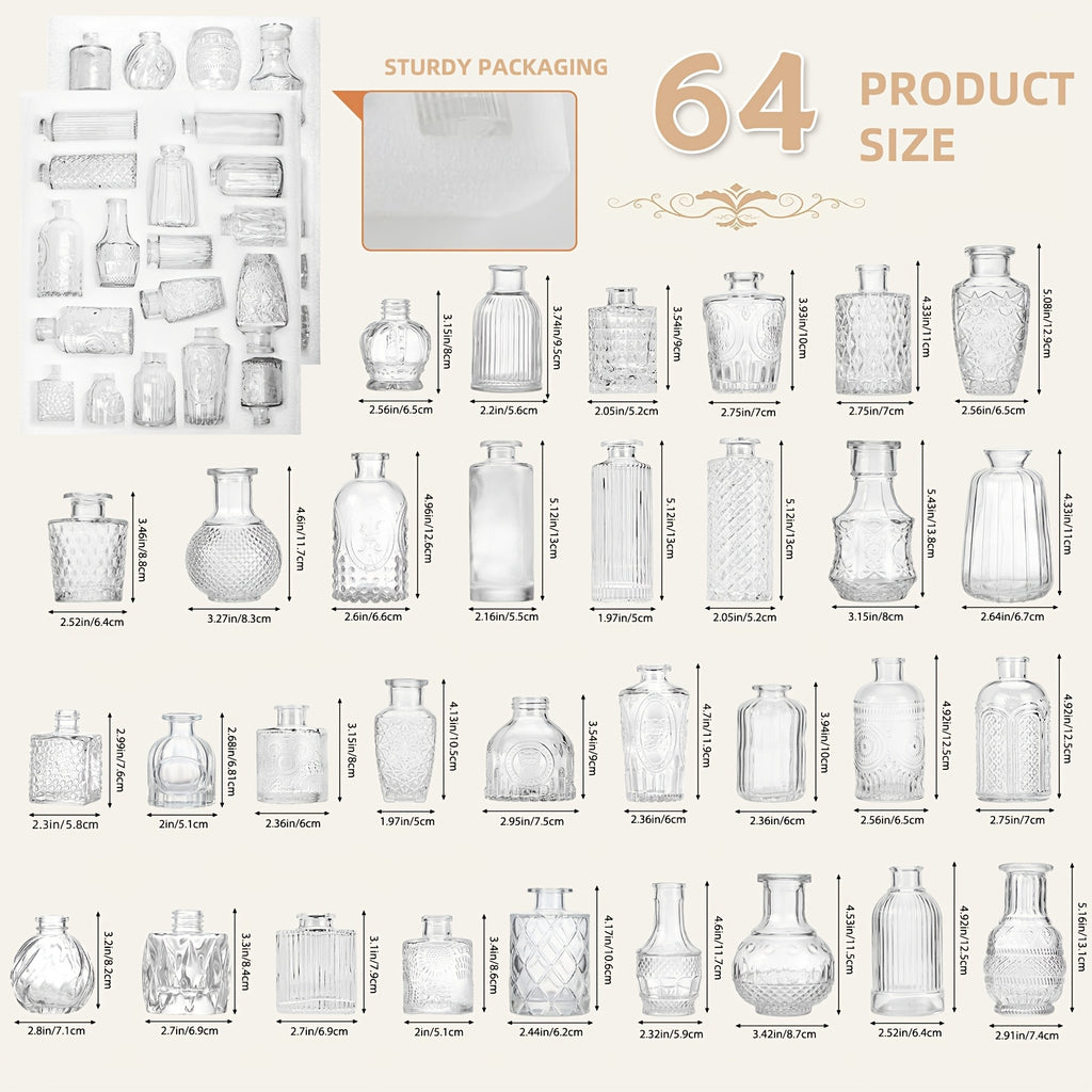 Glass Bud Vases Bulk Set 64 Pieces Multi-Size – Clear Flower Vases for Wedding Centerpieces, Home Table Decor & Bridal Party