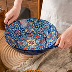 Bohemian Ceramic Salad Bowl 12 Inch with Dual Handles Large Capacity Microwave Safe Dishwasher Safe Oven Proof Porcelain Serving Bowl