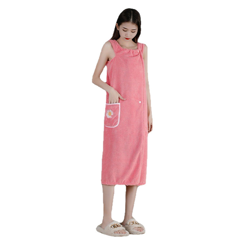Women's Wearable Pocket Towel Skirt – Non-Slip Bath Wrap Robe with Sunflower Pattern | 4 Colors | Easy Wear for Bathroom & Daily Use