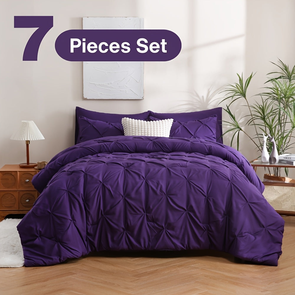 5/7pcs Pintuck Bed In A Bag Comforter Sets, Pinch Pleat Complete Bedding Sets with Comforter, Sheets & Pillowcases, Queen/King Size, All Season