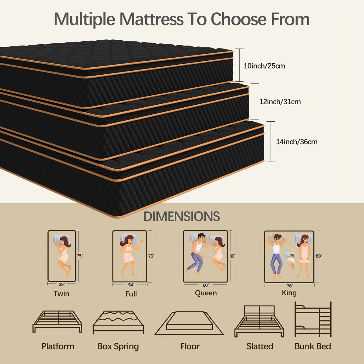 Hybrid Mattress | Memory Foam & Spring, Medium Firmness, Lumbar Support, Boxed – 10", 12" & 14" | Twin, Full, Queen, King